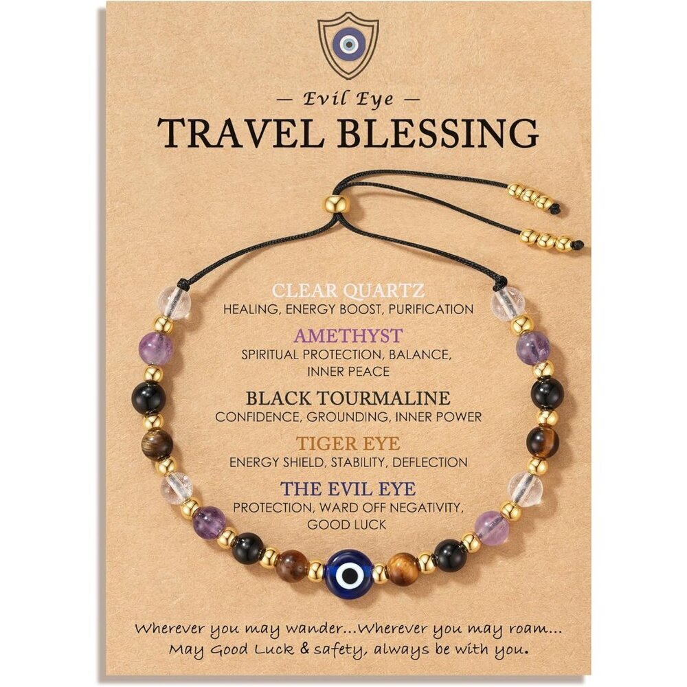 Evil Eye Dainty Crystal Bracelet Protection Amethyst Black Tourmaline Adjustable